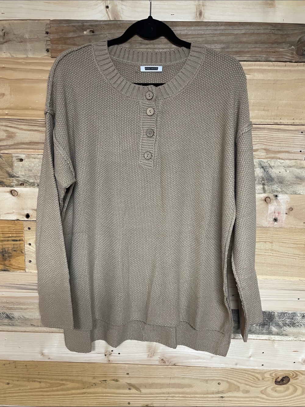 Royal + Reese size Large Tan Color Henley Lightweight Soft Oversized Sweater